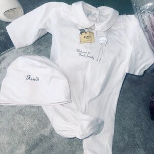 Fendi Welcome to the Fendi  Family Babygrow onesie and hat